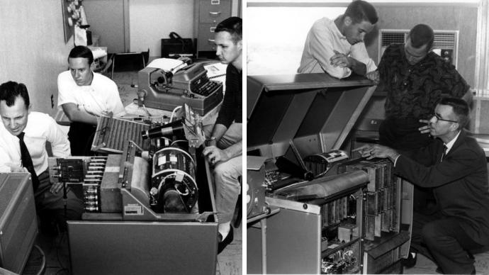 Computers from the 50s and 60s black and white collage