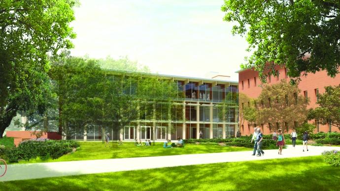a rendering shows extensive green space outside the southeast side of Dicke Hall
